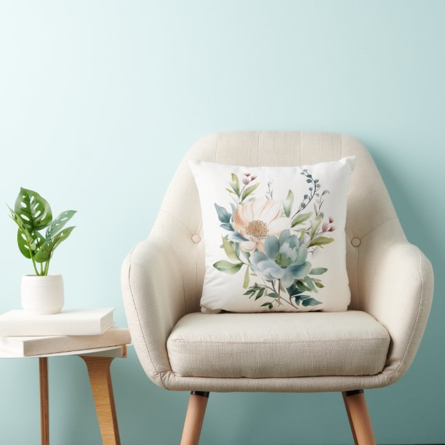 Dusty Blue Beige Peach Watercolor Floral Throw Pillow (Chair)