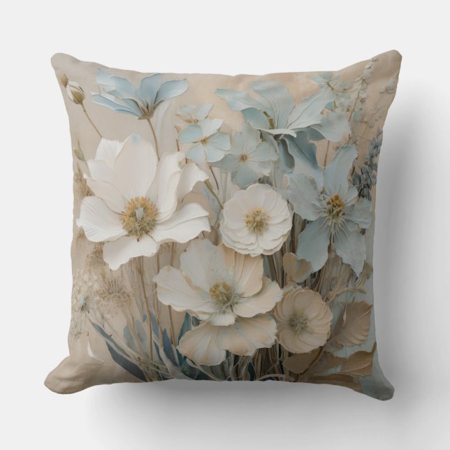 Dusty Blue Beige White Cream Floral Throw Pillow (Front)
