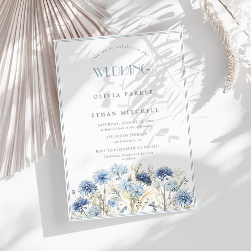 DUSTY Blue Beige Wildflower Wedding Invitation