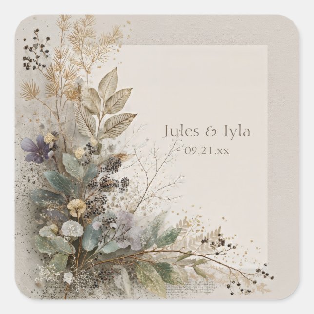 Dusty Blue Berry Botanical Gold Speckle Wedding Square Sticker (Front)