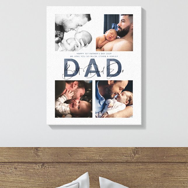 Dusty Blue Best Dad Ever 4 Photo 1st Father's Day Canvas Print (Easily personalize this Best Dad Ever photo collage canvas, for a gift he'll treasure)