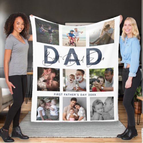 Dusty Blue Best Dad Ever Photo Collage 1st Father Fleece Blanket