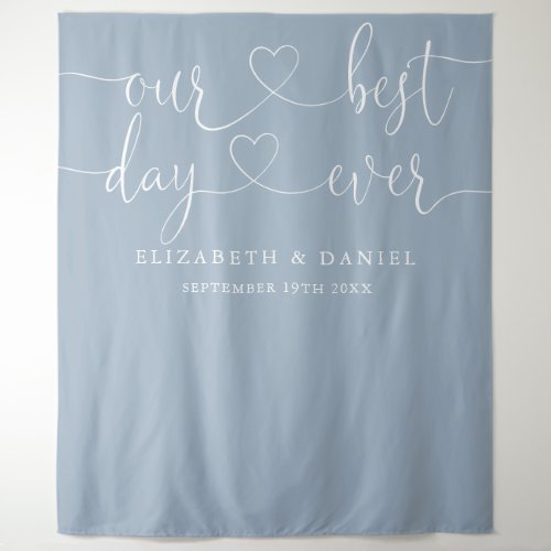 Dusty Blue Best Day Ever Heart Script Wedding Tapestry