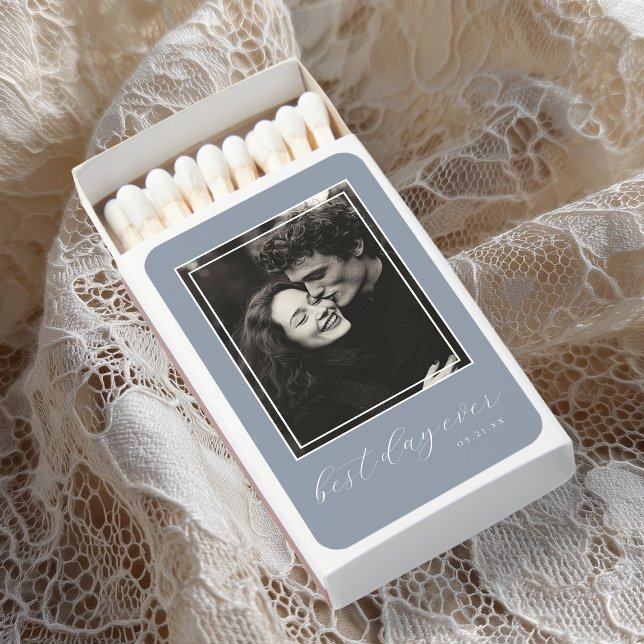 Dusty Blue Best Day Ever Photo Wedding  Matchboxes (Dusty blue wedding matchbox with a black‑and‑white couple photo centered in a thin white frame)