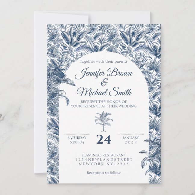 Dusty Blue Big Palm Tree Botanical Arch Wedding Invitation