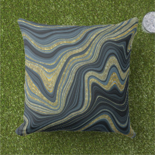 Dusty Blue Black and Gold Marble Look Pattern Outdoor Pillow
