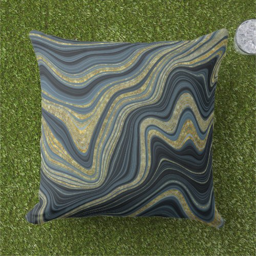 Dusty Blue Black and Gold Marble Look Pattern Outdoor Pillow