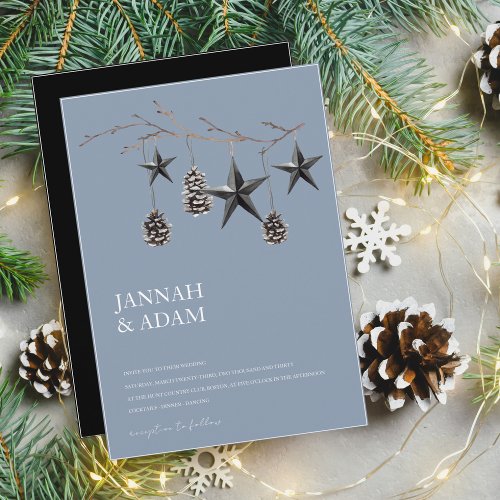 Dusty Blue Black Christmas Stars Pinecones Wedding Invitation