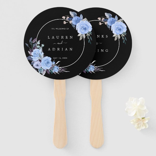 Dusty Blue & Black Floral Wedding Thank You Hand Fan (Front and Back)