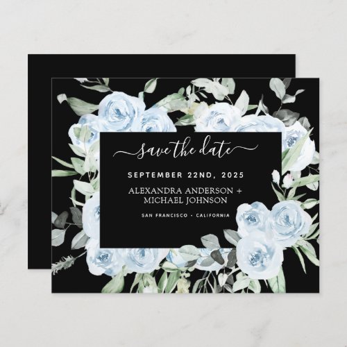 Dusty Blue Black Greenery Save the Date