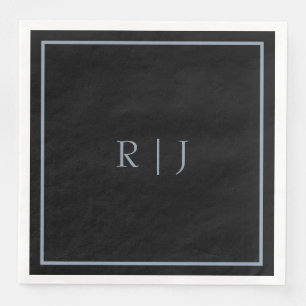 Dusty Blue Black Monogram Initials Wedding Trendy Paper Dinner Napkins