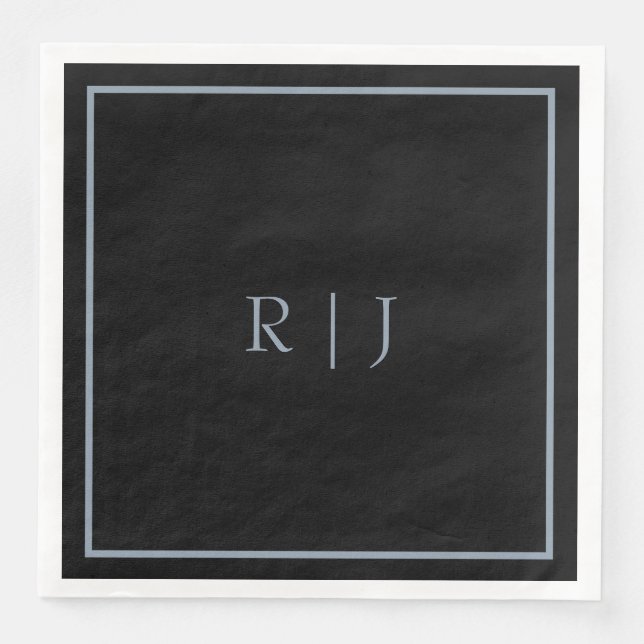 Dusty Blue Black Monogram Initials Wedding Trendy Paper Dinner Napkins (Front)