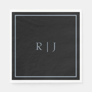 Dusty Blue Black Monogram Letters Initials Wedding Napkins