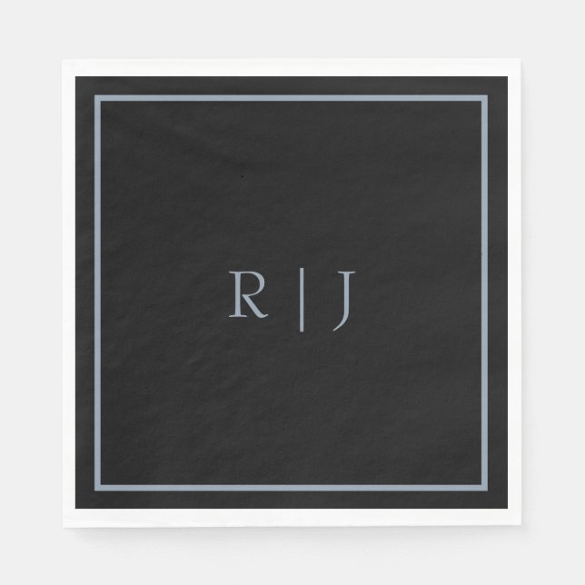 Dusty Blue Black Monogram Letters Initials Wedding Napkins (Front)