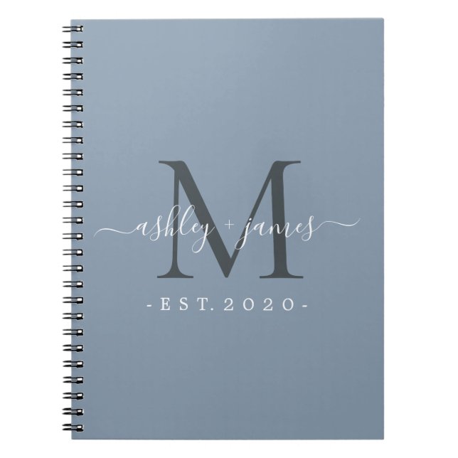Dusty Blue Black Monogram Names Established Year Notebook (Front)