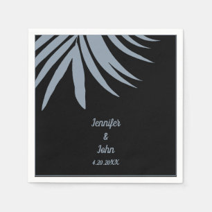 Dusty Blue Black Palm Leaf Beach Tropical Wedding Napkins