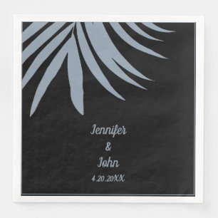 Dusty Blue Black Palm Leaf Beach Tropical Wedding Paper Dinner Napkins