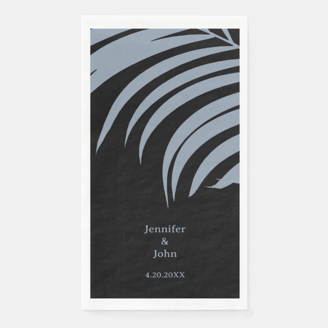 Dusty Blue Black Tropical Palm Leaves Wedding Paper Guest Towels (Front)