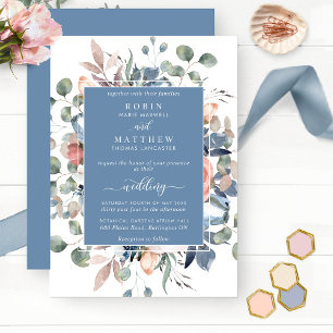 Dusty Blue Blissful Floral and Greenery Wedding Invitation