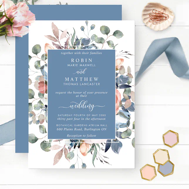 Dusty Blue Blissful Floral and Greenery Wedding Invitation | Zazzle