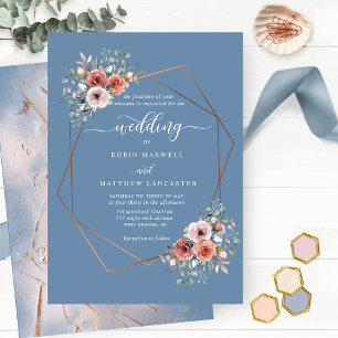 Dusty Blue Blissful Floral Geometrical Wedding Invitation
