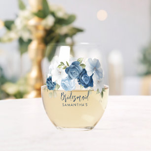 Dusty Blue Bloom Elegant Script Wedding Bridesmaid Stemless Wine Glass