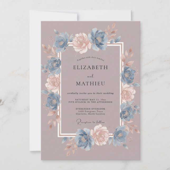 Dusty Blue Bloom Whimsy Wedding Invitation (Front)