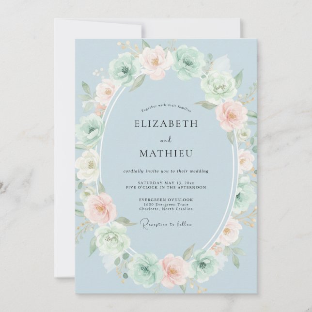 Dusty Blue Blossom Garland Wedding Invitation (Front)