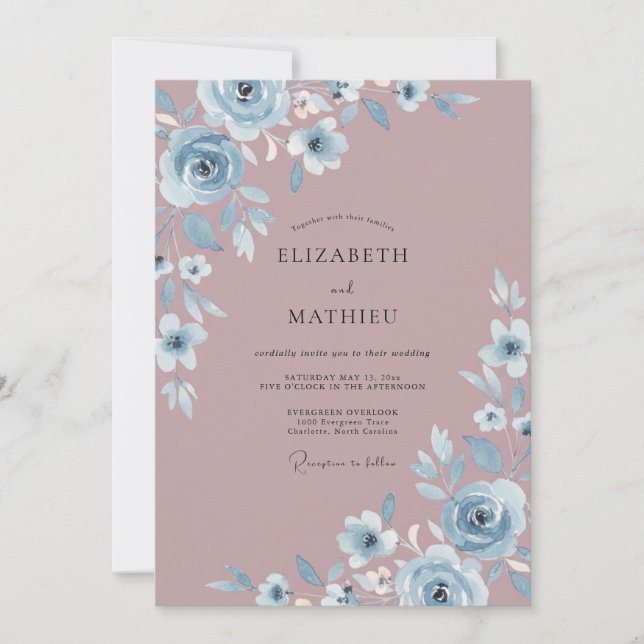 Dusty Blue Blossom Wedding Invitation (Front)