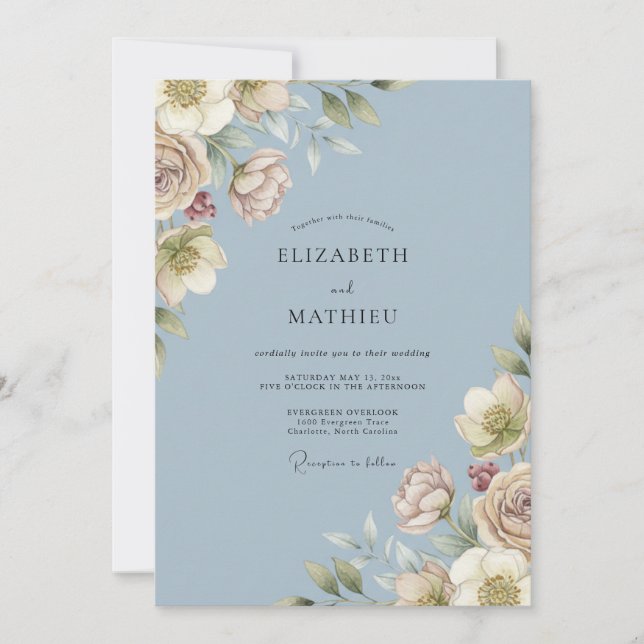 Dusty Blue Blossoming Romance Wedding Invitation (Front)