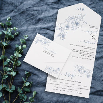 Dusty Blue Blossoms Line Art Wedding All In One Invitation by weddings_ at Zazzle