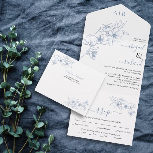 Dusty blue blossoms line art wedding all in one invitation
