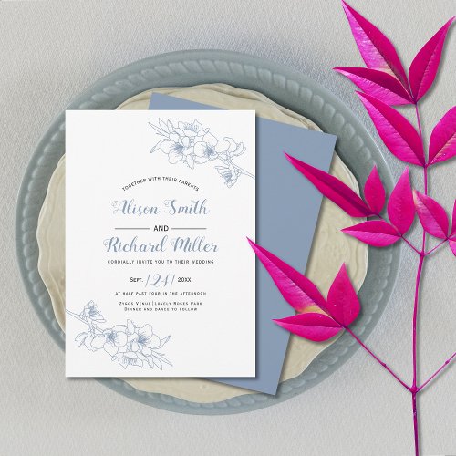 Dusty blue blossoms line art wedding invitation
