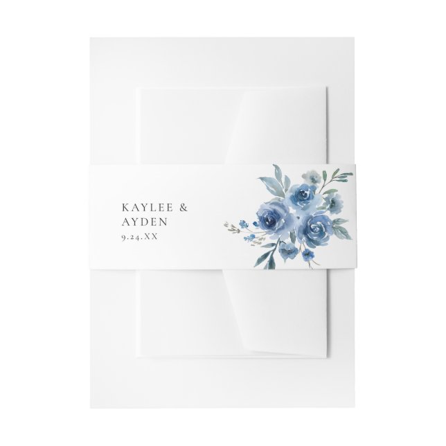 Dusty Blue & Blue Floral 2 Invitation Belly Band (Front Example)