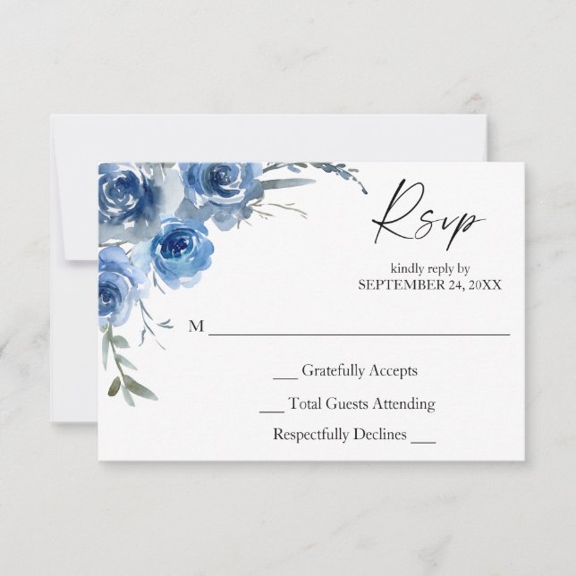 Dusty Blue & Blue Floral no Meal RSVP Card (Front)