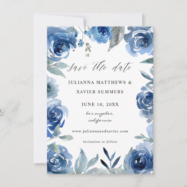 Dusty Blue & Blue Floral Save The Date (Front)