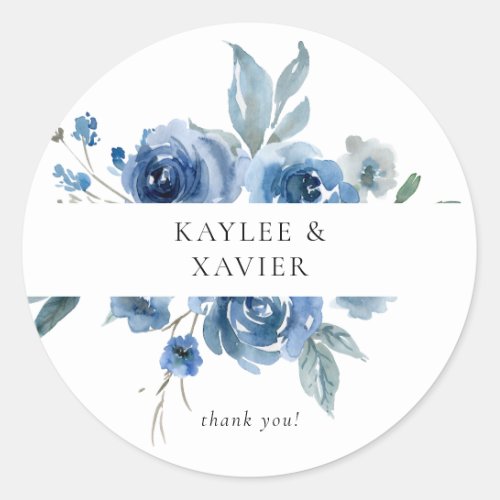Dusty Blue  Blue Floral Thank You Classic Round Sticker