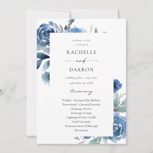 Dusty Blue & Blue Floral Wedding Ceremony Program (Front)