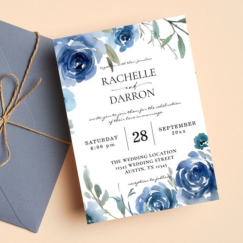 Dusty Blue  Blue Floral Wedding Invitation
