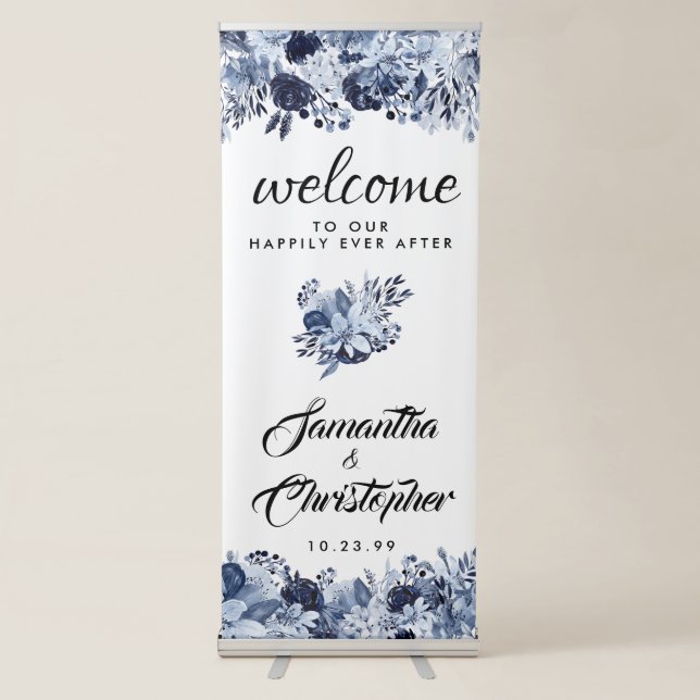 Dusty Blue Blue Floral Wedding Welcome Retractable Banner (Front)