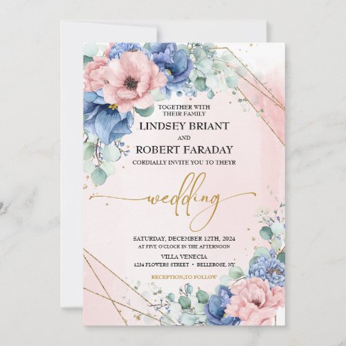Dusty Blue Blush and Gold Wedding Invitation