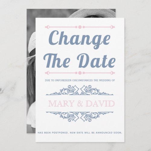 Dusty blue blush Change the Date announcement