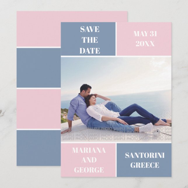 Dusty blue blush color block wedding Save the Date (Front/Back)