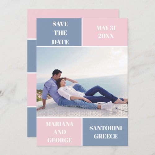 Dusty blue blush color block wedding Save the Date