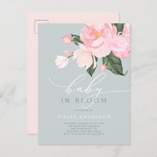 Dusty Blue Blush Floral Baby in Bloom Shower Invitation Postcard