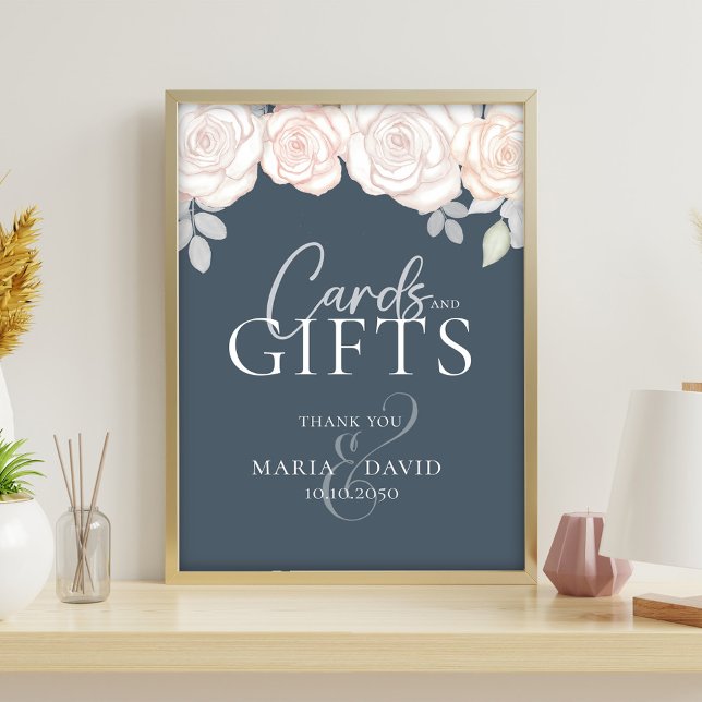 Dusty Blue Blush Floral Cards and Gifts Sign Flyer (Dusty blue cards and gifts wedding sign with blush watercolor roses and elegant script.)