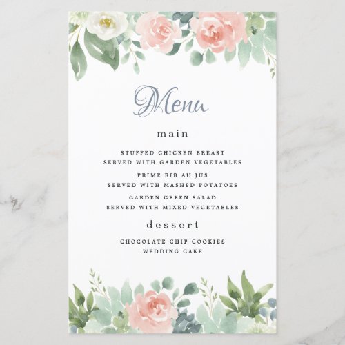 Dusty Blue Blush Floral Garden Wedding Menu Cards