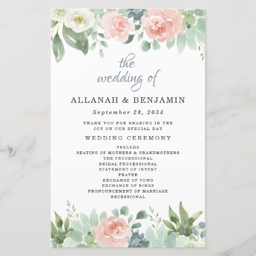 Dusty Blue Blush Floral Garden Wedding Programs