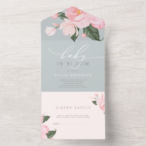 Dusty Blue Blush Floral Girl Baby in Bloom Shower All In One Invitation