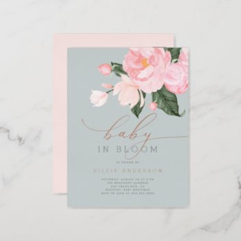 Dusty Blue Blush Floral Girl Baby In Bloom Shower Foil Invitation Postcard by Eugene_Designs at Zazzle